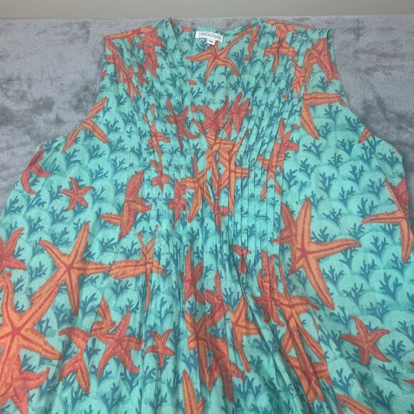 ModaPosa M Pin Tuck Turquoise Starfish Beach Sleeveless Fit & Flare Dress Fringe - Picture 1 of 13